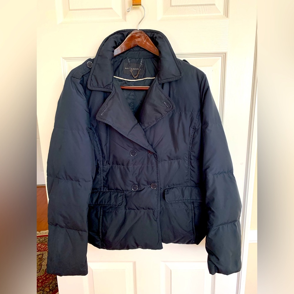 Banana Republic Down Peacoat: Navy, Button Closure, Front Pockets, Back Slit L